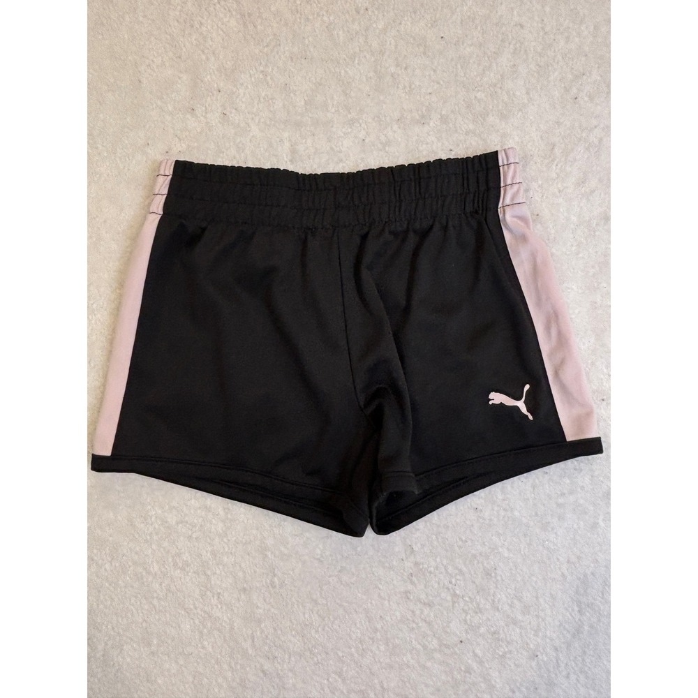 Puma Girls Black Pink Side Stripe Athletic Shorts Size 6 Elastic Waist Sport